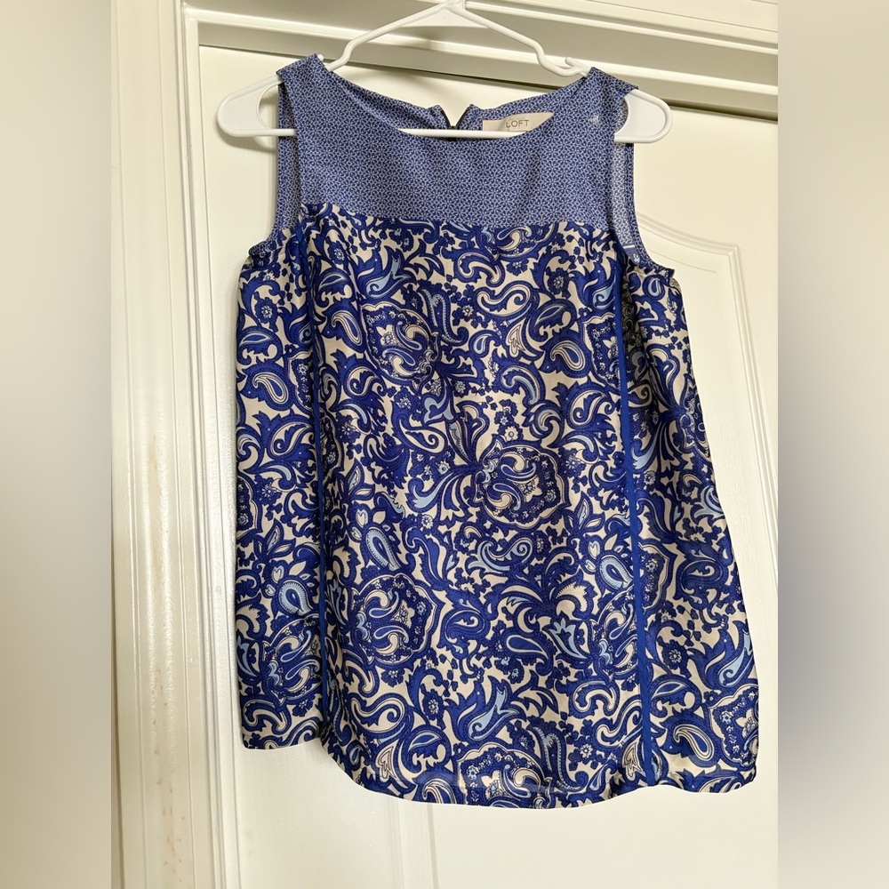Ann Taylor LOFT Blue and Cream Patterned Blouse